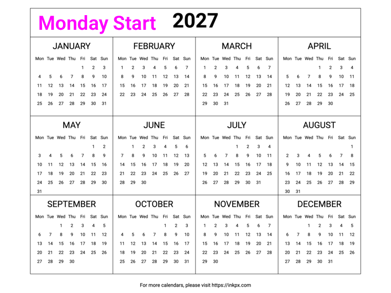 Free Printable Minimalist Table 2027 Yearly Calendar (Landscape, Monday Start)