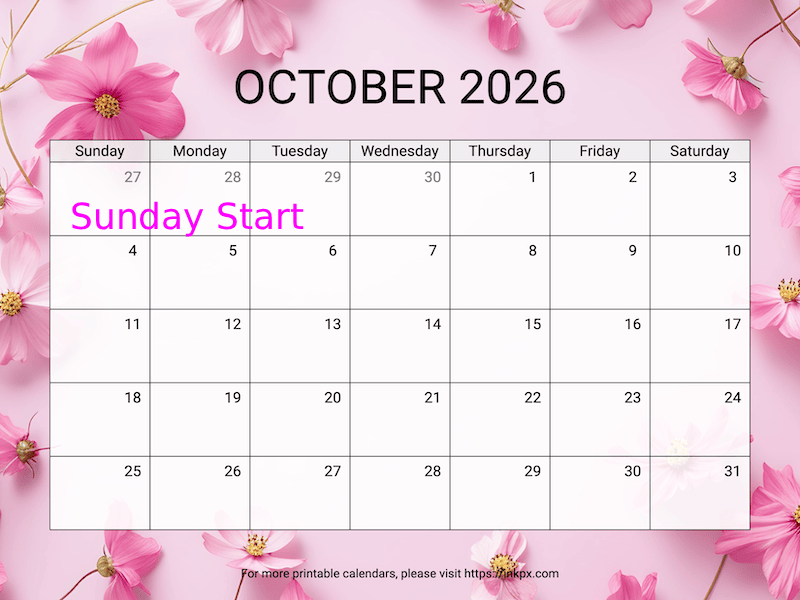 Free Printable Cosmos October 2026 Calendar (Sunday Start)
