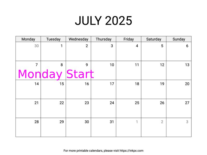 Free Printable Simple July 2025 Calendar (Monday Start)