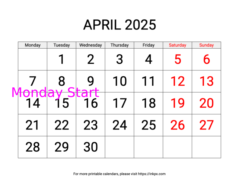 Free Printable Large Weekend Highlighted April 2025 Calendar (Monday Start)