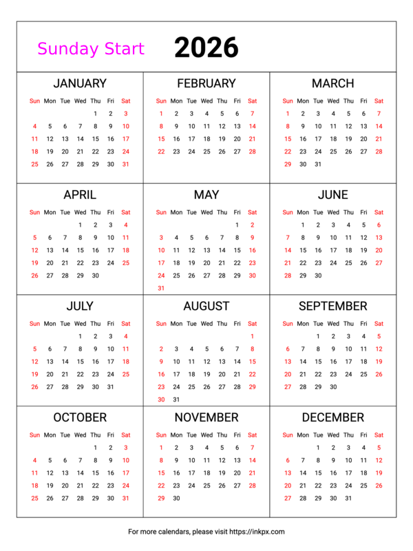 Free Printable Weekend Highlight Table 2026 Calendar (Sunday First)