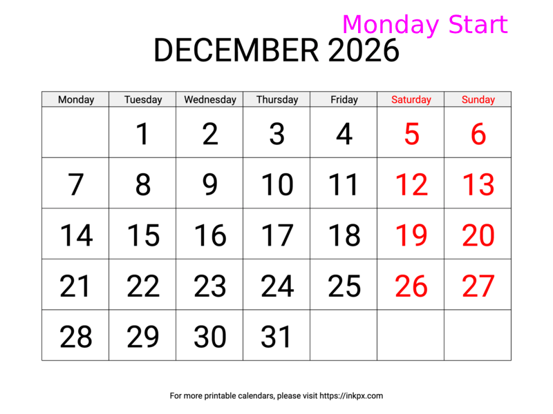 Free Printable Large Weekend Highlighted December 2026 Calendar (Monday Start)