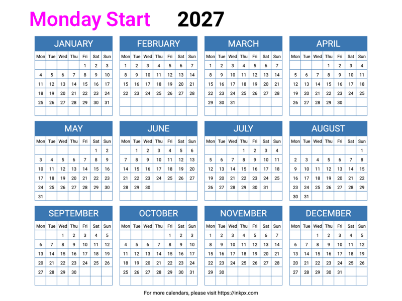 Free Printable Minimalist Blue Table 2027 Calendar (Landscape, Monday Start)