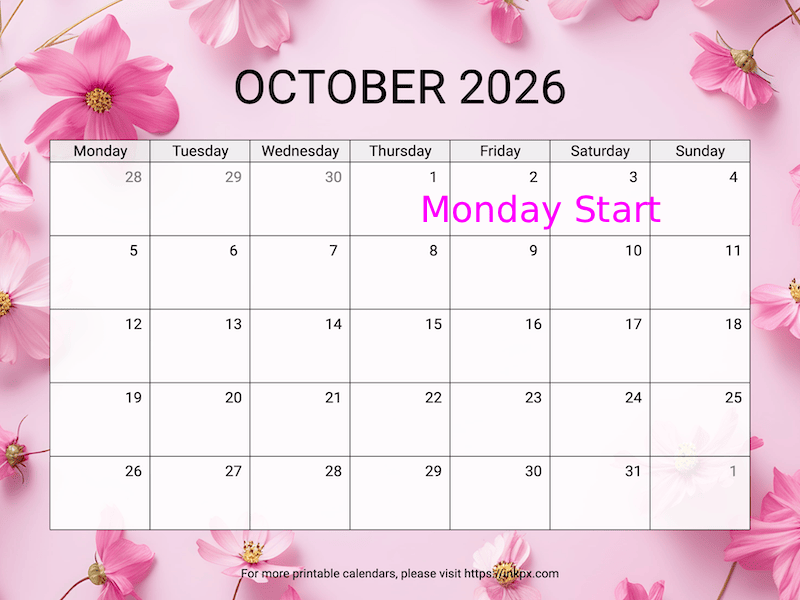 Free Printable Cosmos October 2026 Calendar (Monday Start)