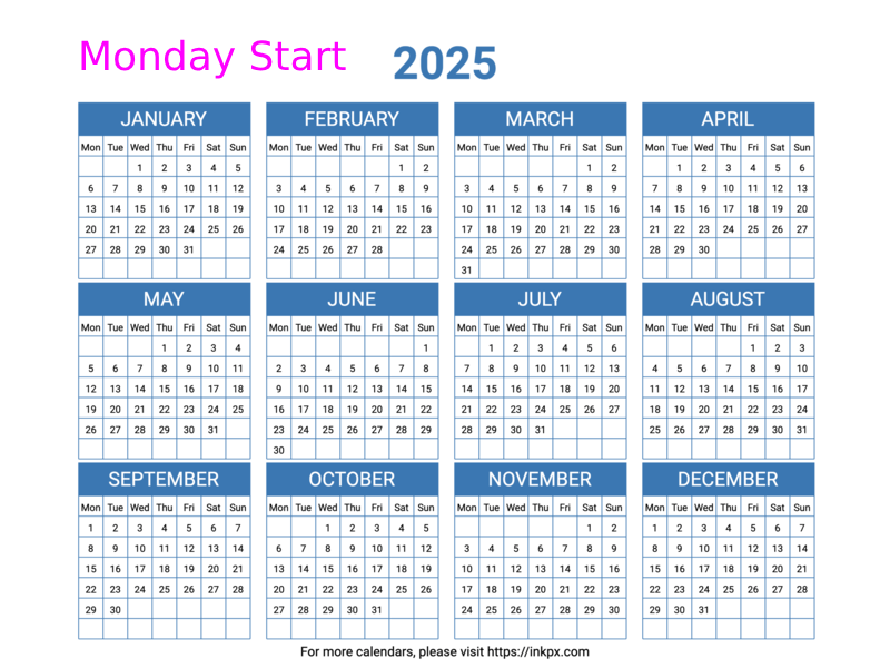 Free Printable Minimalist Blue Table 2025 Calendar(Landscape, Monday Start)