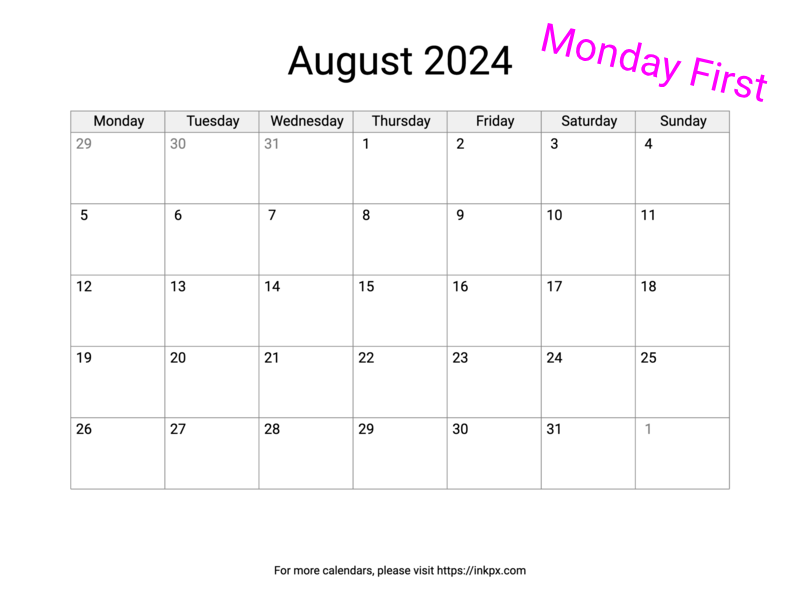 Printable Blank August 2024 Calendar Monday First · Inkpx