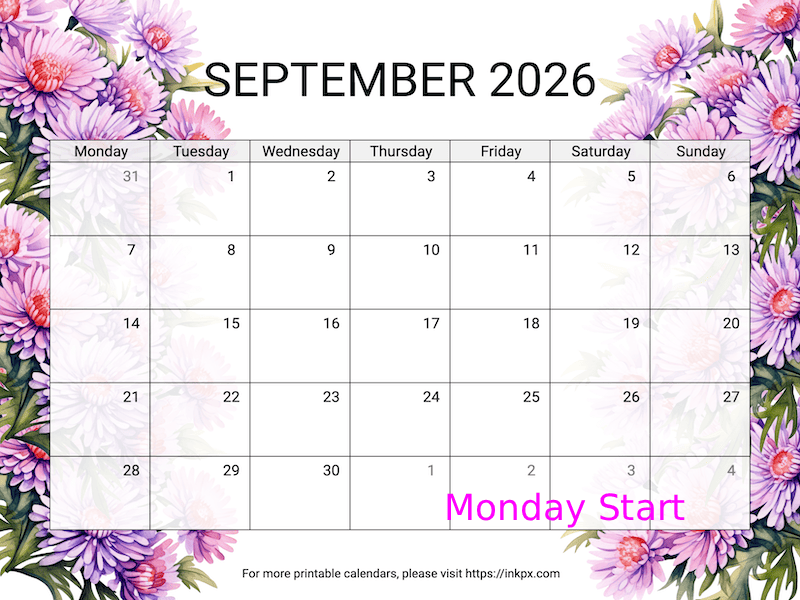Free Printable Aster September 2026 Calendar (Monday Start)