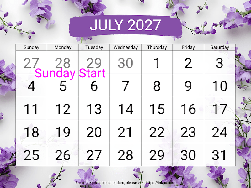 Free Printable Large Font Larkspur July 2027 Calendar (Sunday Start)