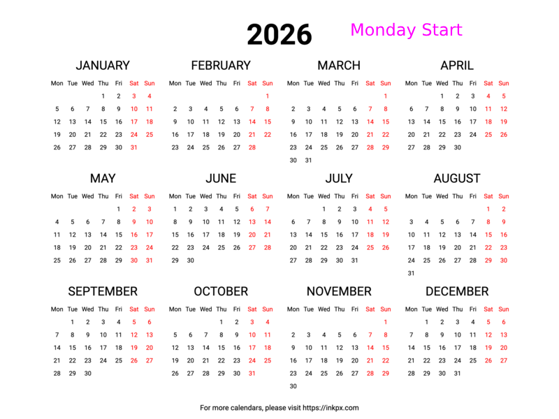 Free Printable Weekend Highlight 2026 Calendar (Landscape, Monday First)