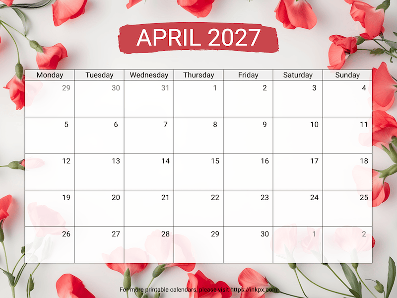 Free Printable Sweet Pea April 2027 Calendar (Monday Start)