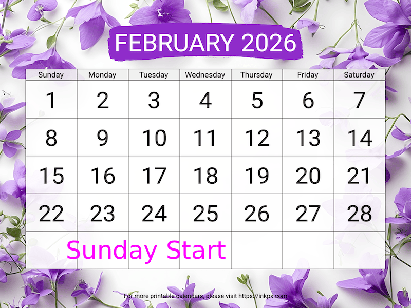 Free Printable Violet Large February 2026 Calendar (Sunday Start)