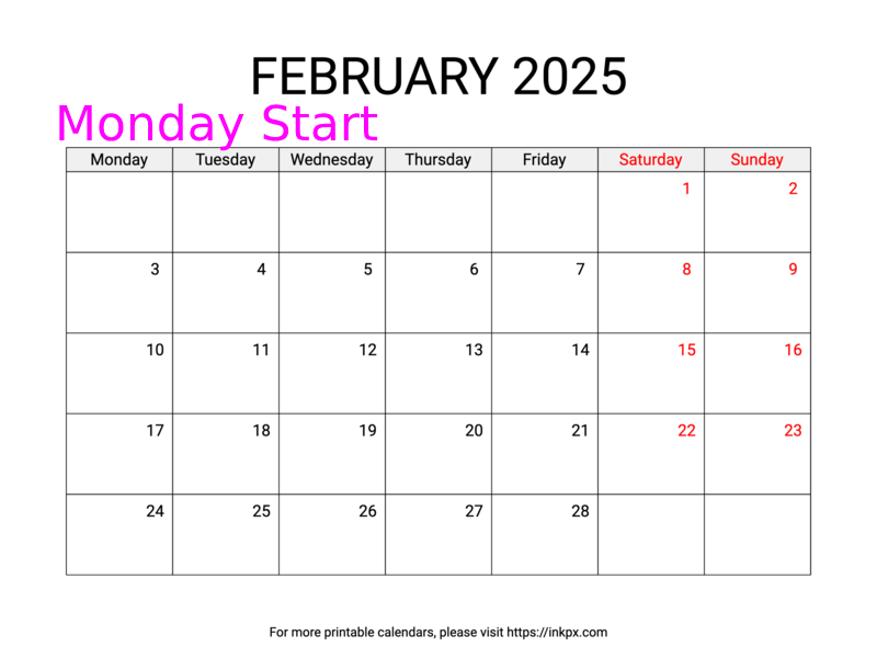 Free Printable Weekend Highlighted February 2025 Calendar (Monday Start)