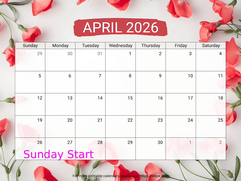 Free Printable Sweet Pea April 2026 Calendar (Sunday Start)