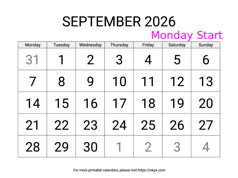 Free Printable Large September 2026 Calendar (Monday Start)