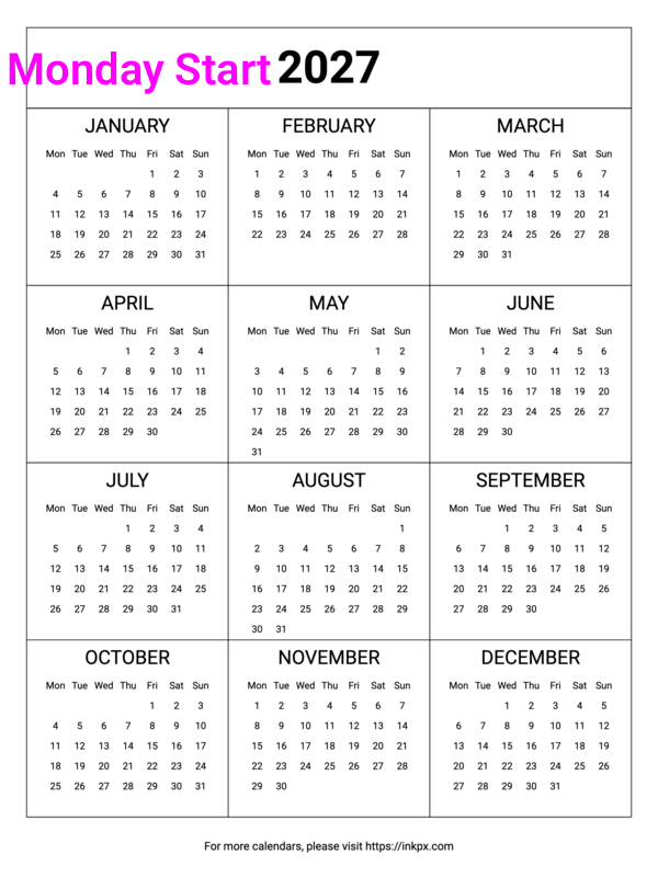 Free Printable Minimalist Table 2027 Calendar (Monday Start)