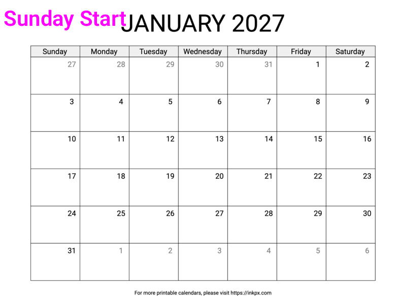 Free Printable Simple January 2027 Calendar (Sunday Start)