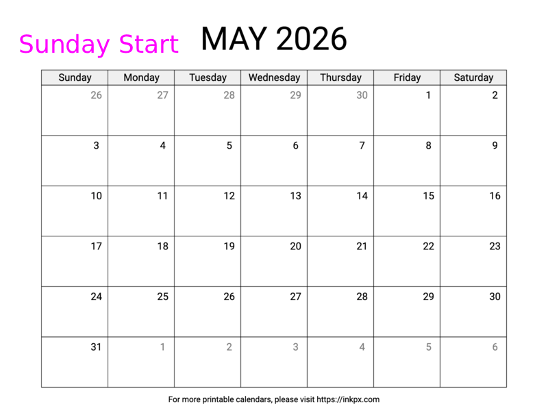 Free Printable Simple May 2026 Calendar (Sunday Start)