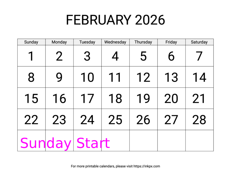 Free Printable Large February 2026 Calendar (Sunday Start)
