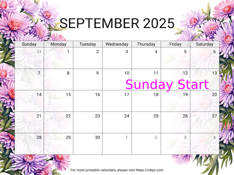 Free Printable Aster September 2025 Calendar (Sunday Start)