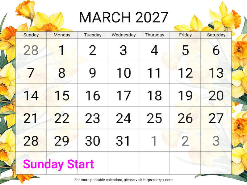 Free Printable Large Daffodil Background March 2027 Calendar (Sunday Start)