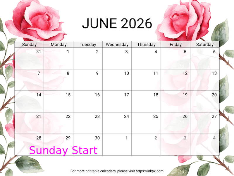 Free Printable Rose June 2026 Calendar (Sunday Start)
