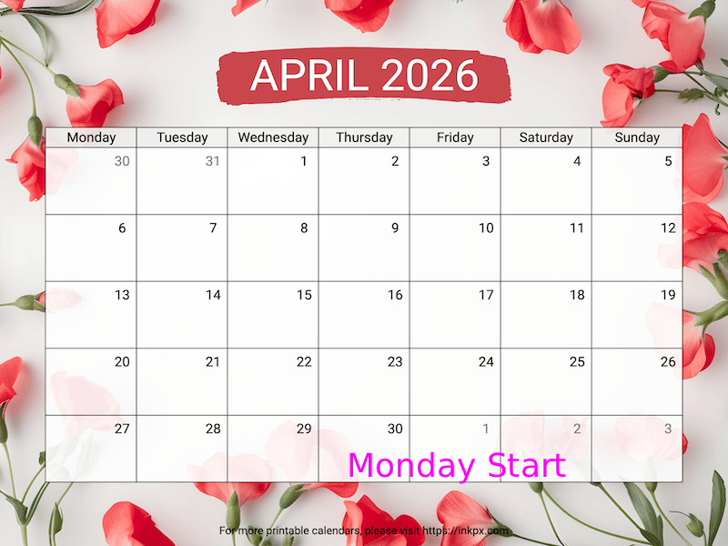 Free Printable Sweet Pea April 2026 Calendar (Monday Start)