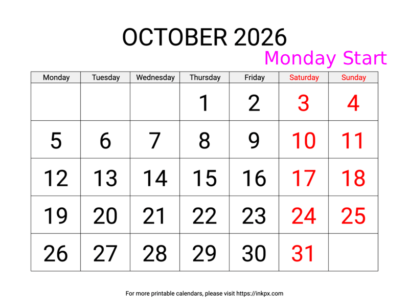 Free Printable Large Weekend Highlighted October 2026 Calendar (Monday Start)