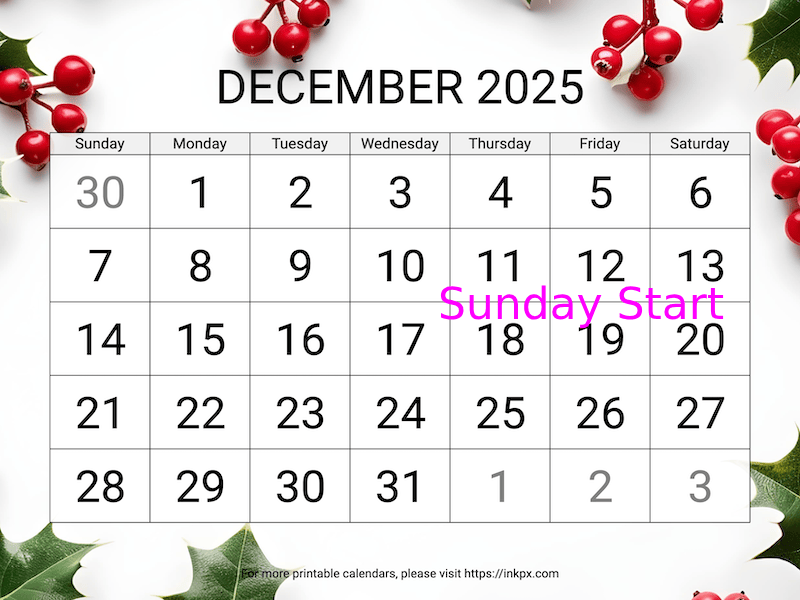 Free Printable Large Holly Background December 2025 Calendar (Sunday Start)