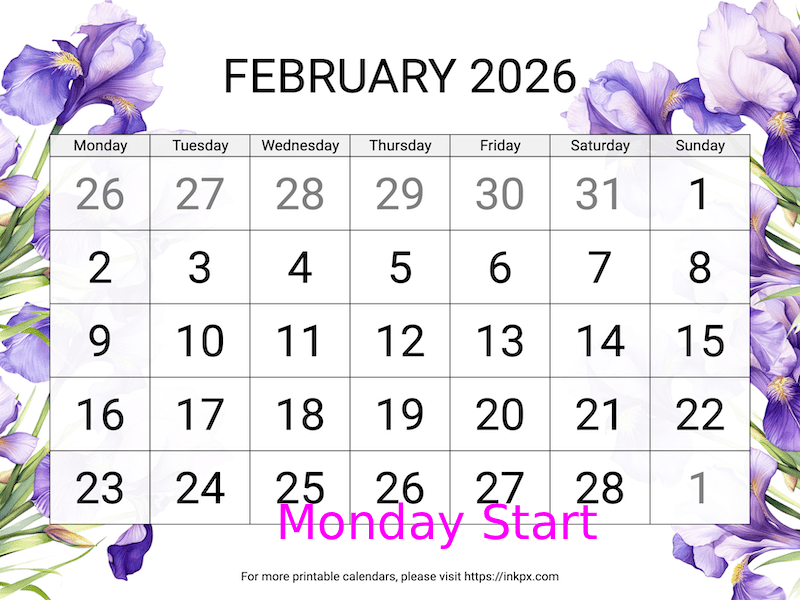 Free Printable Irises Large February 2026 Calendar (Monday Start)