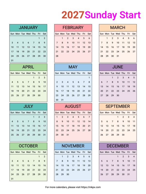 Free Printable Colorful Table 2027 Yearly Calendar (Sunday Start)