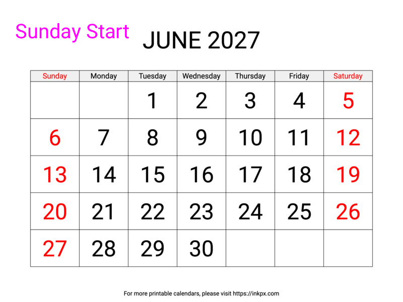 Free Printable Large Weekend Highlighted June 2027 Calendar (Sunday Start)