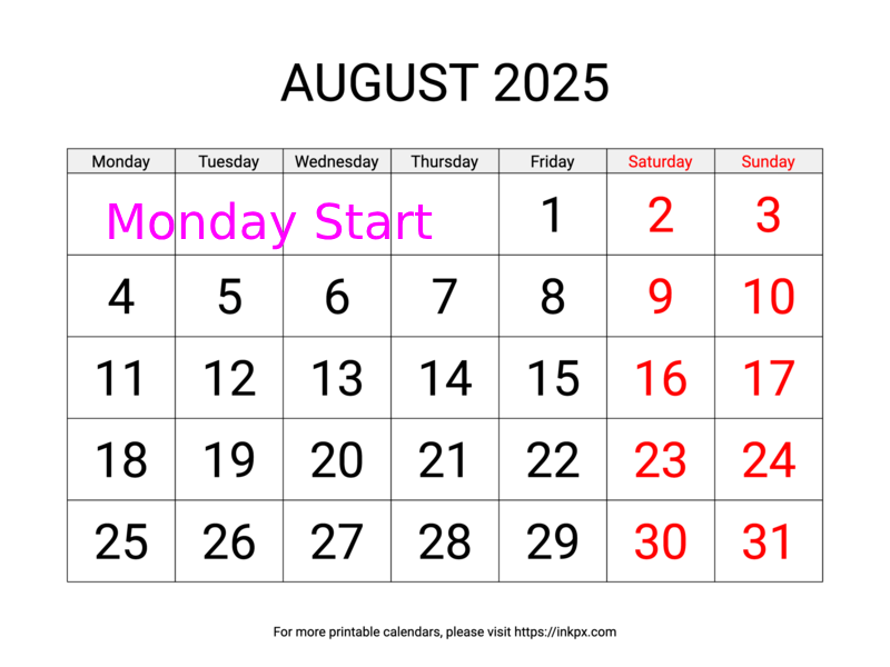 Free Printable Large Weekend Highlighted August 2025 Calendar (Monday Start)