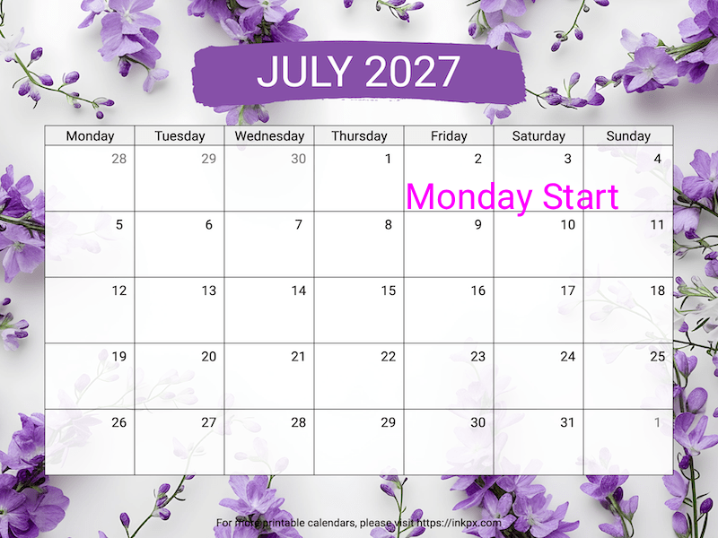 Free Printable Larkspur July 2027 Calendar (Monday Start)