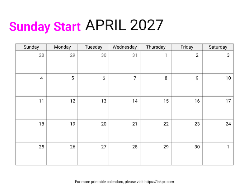 Free Printable April 2027 Calendar (Sunday Start)