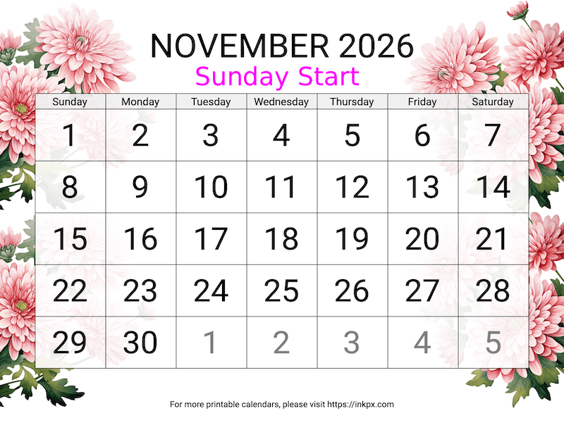 Free Printable Large Chrysanthemum November 2026 Calendar (Sunday Start)