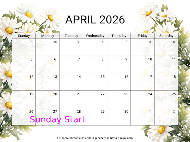 Free Printable Daisy April 2026 Calendar (Sunday Start)