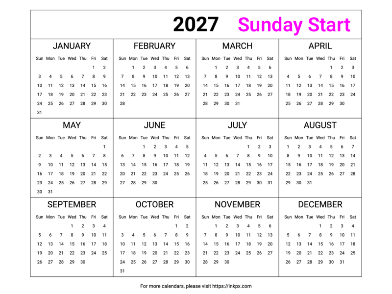 Free Printable Minimalist Table 2027 Yearly Calendar (Landscape, Sunday Start)