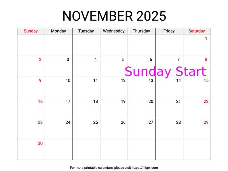 Free Printable Weekend Highlighted November 2025 Calendar (Sunday Start)