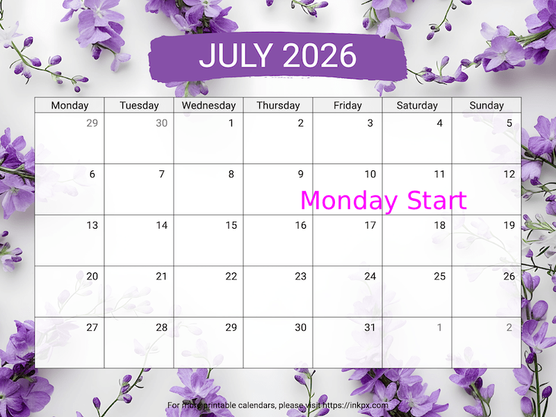 Free Printable Larkspur July 2026 Calendar (Monday Start)