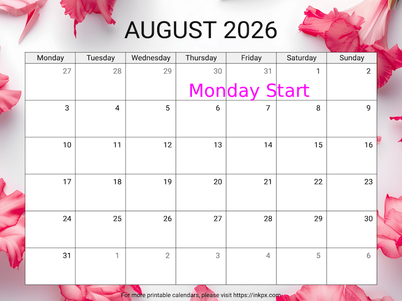 Free Printable Gladiolus Background August 2026 Calendar (Monday Start)