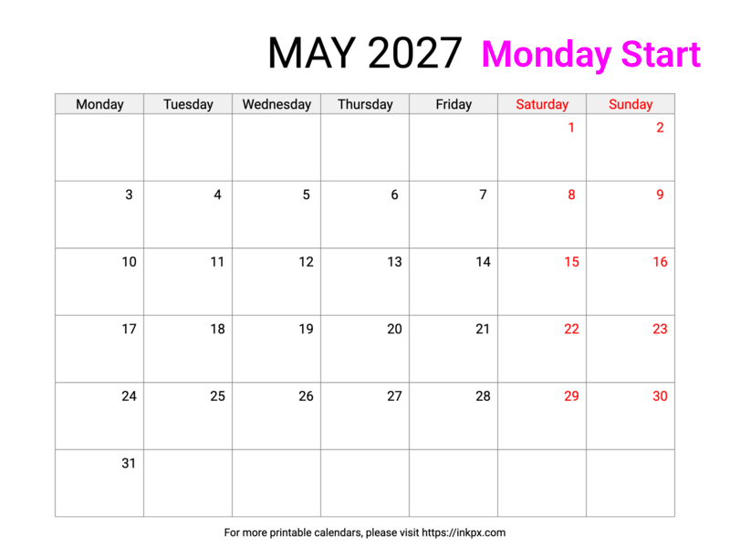 Free Printable Weekend Highlighted May 2027 Calendar (Monday Start)