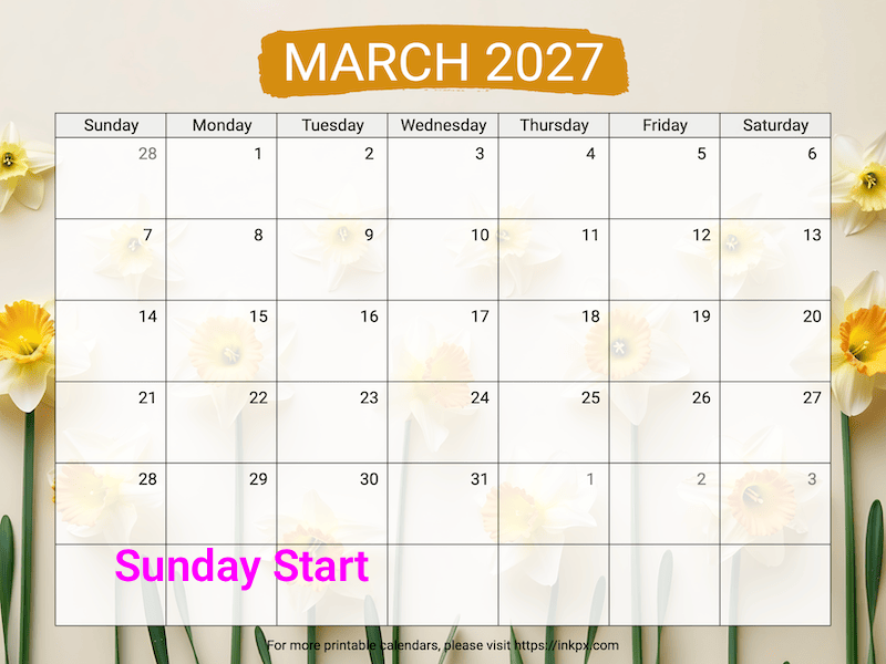 Free Printable Daffodil Background March 2027 Calendar (Sunday Start)