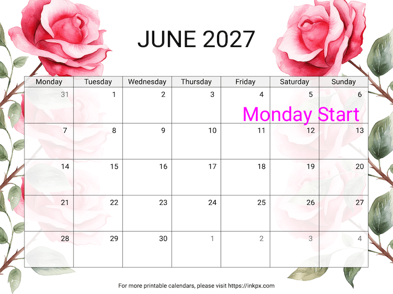 Free Printable Rose June 2027 Calendar (Monday Start)