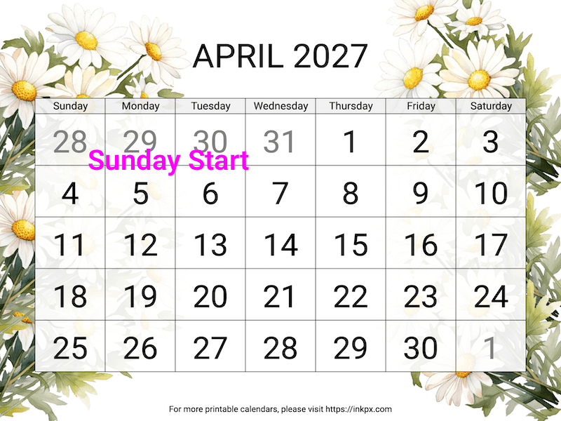 Free Printable Large Daisy April 2027 Calendar (Sunday Start)