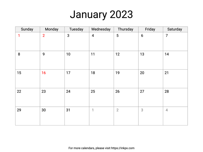 Printable January 2023 with US Holidays