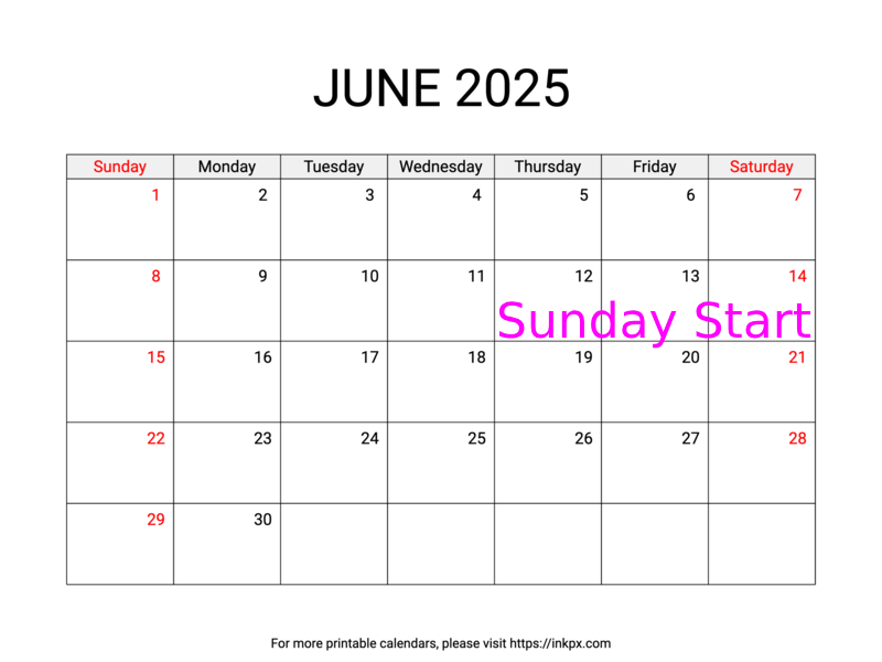 Free Printable Weekend Highlighted June 2025 Calendar (Sunday Start)