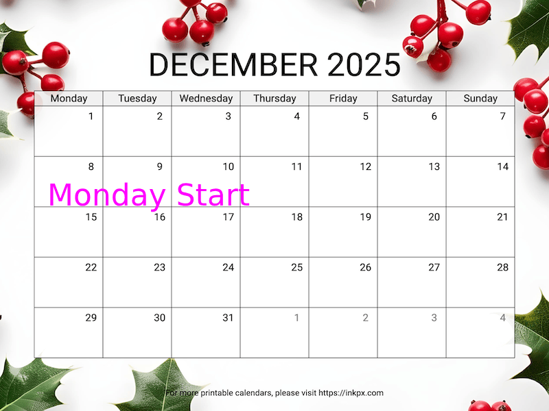 Free Printable Holly Background December 2025 Calendar (Monday Start)