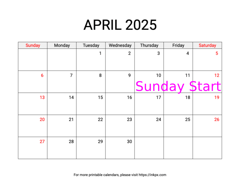 Free Printable Weekend Highlighted April 2025 Calendar (Sunday Start)