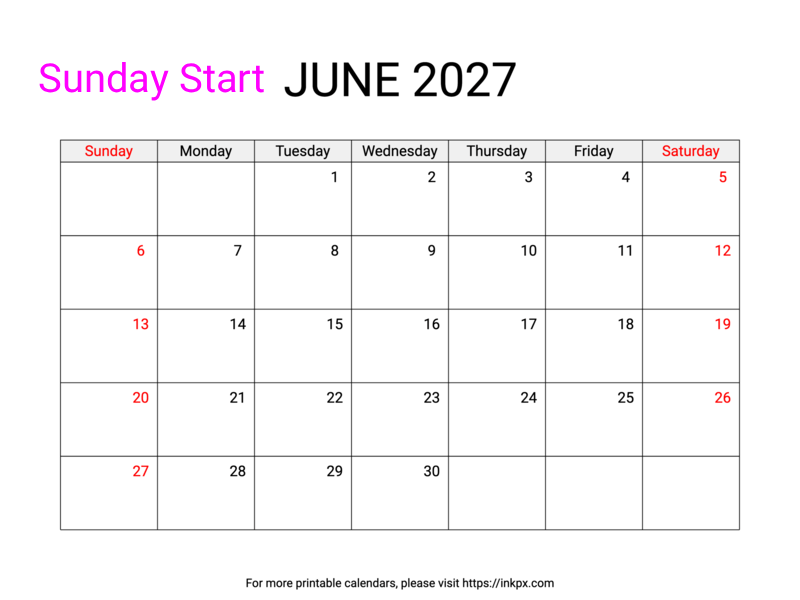 Free Printable Weekend Highlighted June 2027 Calendar (Sunday Start)