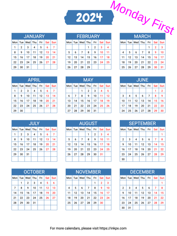 Printable Grid 2024 Calendar (Monday First) · InkPx